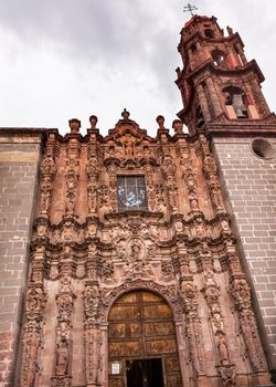 Templo de San Francisco Facade Church San Miguel de Allende, Mexico. San Francisco Church was created in 1778.  The facade is Churrigueresque, Spanish baroque, style with stone statues.

