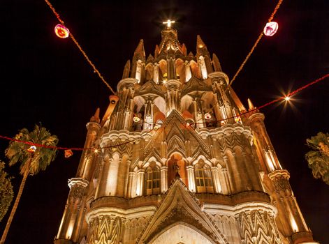 Facade Parroquia Christmas Archangel Church Night San Miguel de Allende, Mexico. Parroaguia created in 1600s and facade created in 1880s.

