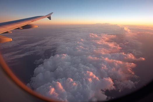 Airplane flying above clouds great travel transportation background image                               