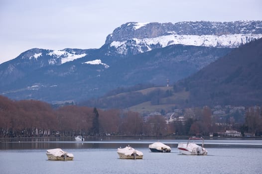 View of the French town of Annecy in winter with fog