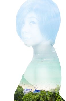 Double exposure portrait of an Asian woman and sea.
