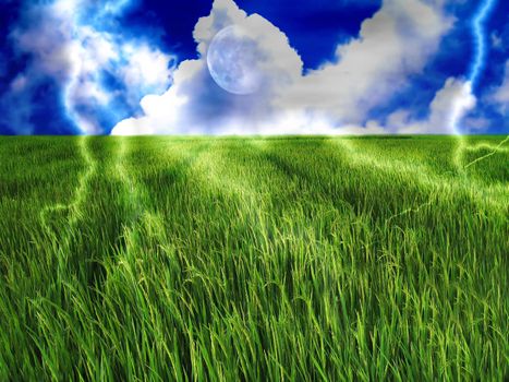 Green field under blue sky 