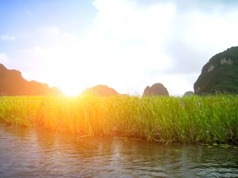 Landscape with moutain and river, Trang An, Ninh Binh, Vietnam 