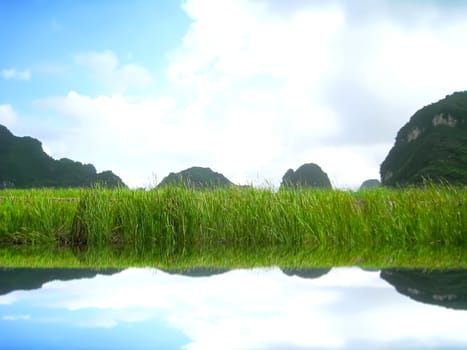 Landscape with moutain and river, Trang An, Ninh Binh, Vietnam 