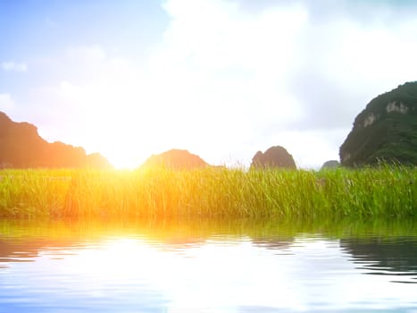 Landscape with moutain and river, Trang An, Ninh Binh, Vietnam 