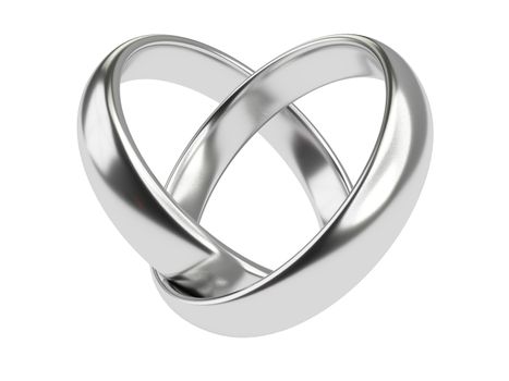 Heart with two connected silver wedding rings isolated on white