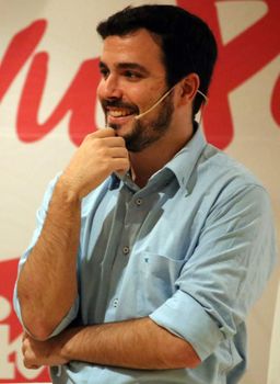 SPAIN, Oviedo: The Popular Unity candidate, Alberto Garz�n, laughs as he participated in a discussion with a group of young citizens on December 5, 2015.The Spanish general election will be held on or before December 20, 2015.
