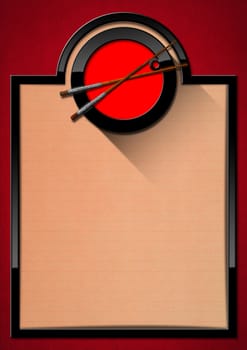 Banner with black frame, round black and red symbol with silver and wooden chopsticks. Template for an Asian food menu