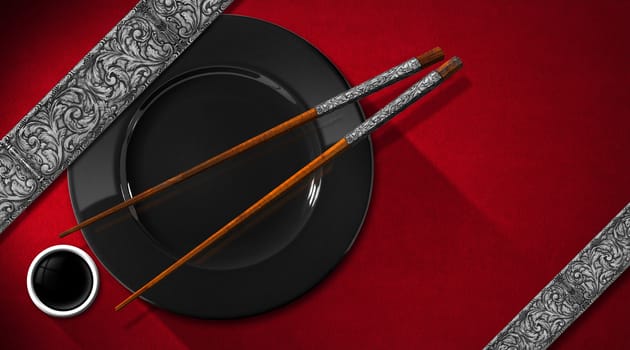 Asian food menu with wooden and silver chopsticks, black plate and a bowl of sauce. On a red velvet with silver floral bands