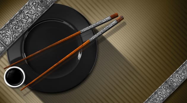 Asian menu with two chopsticks, black plate and a bowl of sauce. On a brown corrugated background with silver floral bands
