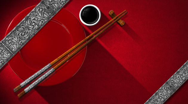 Asian food menu with wooden and silver chopsticks, red plate and a bowl of sauce. On a red velvet with silver floral bands
