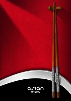 Template for an Asian menu with wooden and silver chopsticks on a red and black background