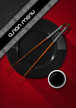 Template for an Asian menu with wooden and silver chopsticks, black plate and a bowl of sauce. On a red black and grey background