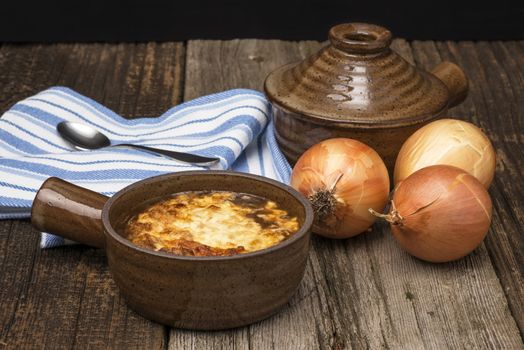 A bowl of hearty homemade french onion soup.