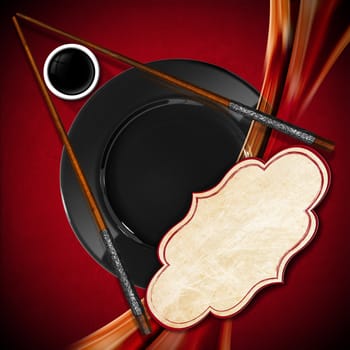 Template for an Asian menu with wooden chopsticks, black plate and a bowl of sauce. On a red and orange background with empty label
