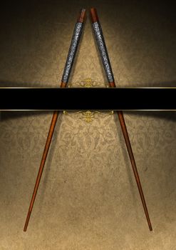 Template for an Asian menu with wooden and silver chopsticks on an aged brown texture with ornate floral seamless and black and golden plaque

