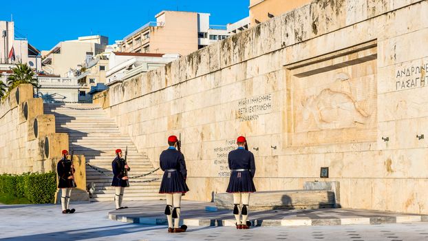 Changing of the guards at the Greek Tomb of the Unknown Soldier. The guard is held by The Evezones, a ceremonial traditionally uniformed unit of The Presidential Guard.