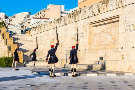 Changing of the guards at the Greek Tomb of the Unknown Soldier. The guard is held by The Evezones, a ceremonial traditionally uniformed unit of The Presidential Guard.