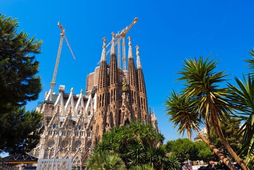 BARCELONA, SPAIN - JUNE 12, 2014: The famous Catholic basilica of the Sagrada Familia in Barcelona, Catalonia, Spain. Designed by Antoni Gaudi. Start of construction, 1882