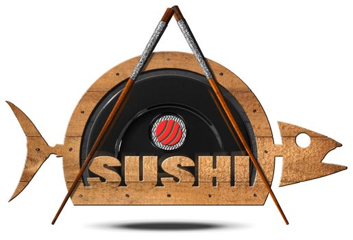 Wooden symbol in the shape of fish with black plate, wooden and silver chopsticks, sushi roll and text Sushi. Isolated on white background