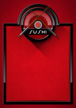 Banner with black frame and round symbol with chopsticks, sushi roll, red plate and text Sushi. Template for Sushi menu