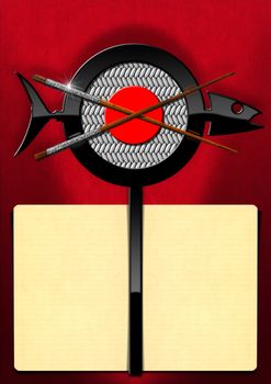 Template for a Sushi menu with yellow empty pages and a symbol in the shape of a fish with wooden and silver chopsticks. On a red background 

