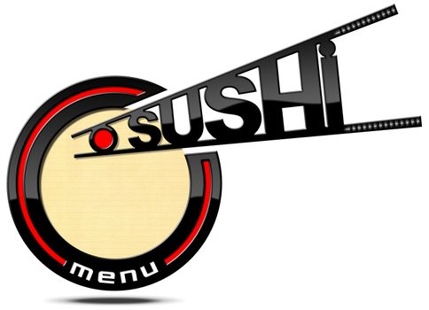 Red and black banner with chopsticks and text Sushi menu. Template for a sushi menu isolated on white background