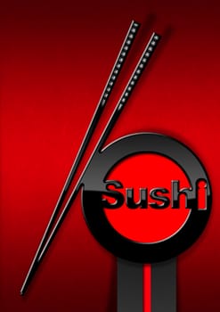 Sushi menu design with a black and red symbol with chopsticks and text Sushi on a red velvet background with shadows