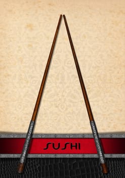 Sushi menu design with wooden and silver chopsticks on a yellowed background with floral texture and red plaque with silver frame with text Sushi
