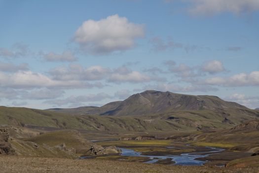 Landscape with old volcano and river in Iceland 