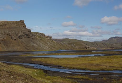 Landscape with old and live volcano and meander river in Iceland 