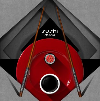 Sushi menu design with a red plate with a bowl of sauce, sushi roll and two silver and wooden chopsticks. On a grey and black background