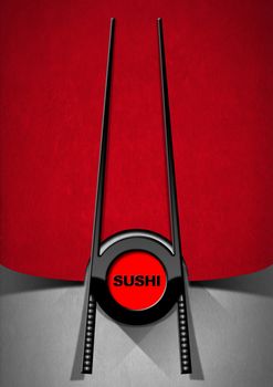 Sushi menu design with a black and red symbol with chopsticks and text Sushi on red and grey velvet background with shadows.