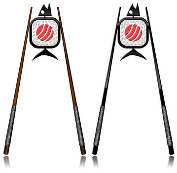 Two symbols of Sushi with wooden, silver and black chopsticks. Isolated on white background