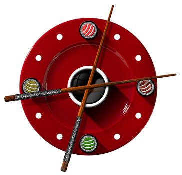 Clock composed by a red plate with wooden and silver chopsticks  in the place of the clock hands and four sushi rolls. Isolated on white background