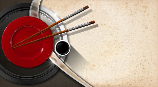 Spotted background with red plate, wooden and silver chopsticks and a bowl of sauce. Template for an Asian menu