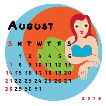 Graphic illustration of the calendar of August 2016 with original hand drawn text and colored clip art of Virgo zodiac sign