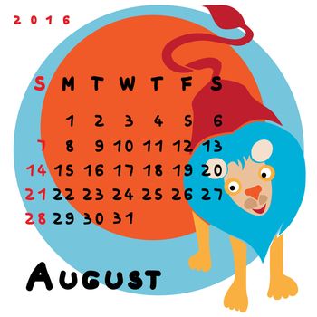 Graphic illustration of the calendar of july 2016 with original hand drawn text and colored clip art of Leo zodiac sign