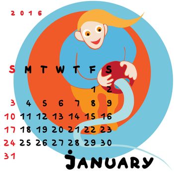 Graphic illustration of the calendar of February 2016 with original hand drawn text and colored clip art of Aquarius zodiac sign