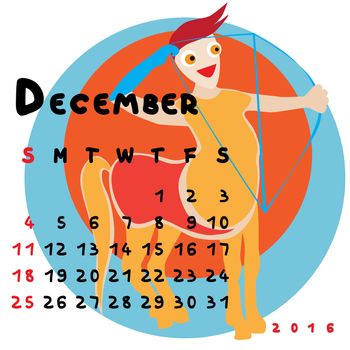 Graphic illustration of the calendar of December 2016 with original hand drawn text and colored clip art of Sagittarius zodiac sign
