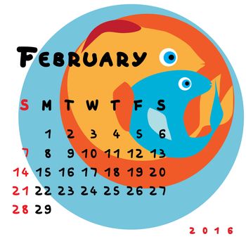 Graphic illustration of the calendar of March 2016 with original hand drawn text and colored clip art of Pisces zodiac sign