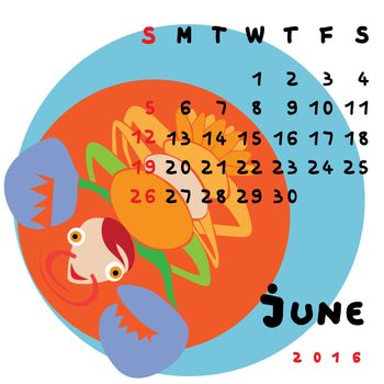 Graphic illustration of the calendar of June 2016 with original hand drawn text and colored clip art of Cancer zodiac sign