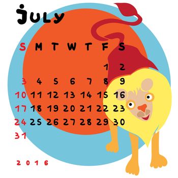 Graphic illustration of the calendar of JUly 2016 with original hand drawn text and colored clip art of Leo zodiac sign