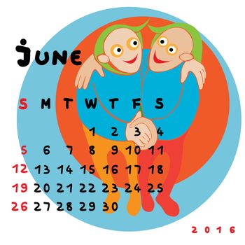 Graphic illustration of the calendar of June 2016 with original hand drawn text and colored clip art of Gemini zodiac sign
