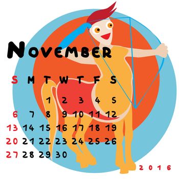 Graphic illustration of the calendar of November 2016 with original hand drawn text and colored clip art of Sagittarius zodiac sign
