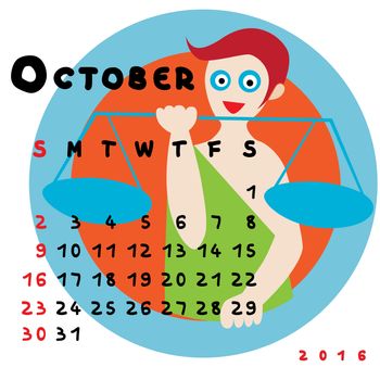 Graphic illustration of the calendar of October 2016 with original hand drawn text and colored clip art of Libra zodiac sign