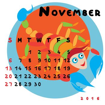 Graphic illustration of the calendar of November 2016 with original hand drawn text and colored clip art of Scorpio zodiac sign