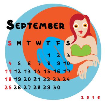 Graphic illustration of the calendar of September 2016 with original hand drawn text and colored clip art of Virgo zodiac sign