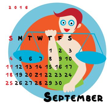 Graphic illustration of the calendar of September 2016 with original hand drawn text and colored clip art of Libra zodiac sign