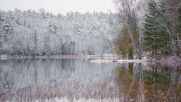 Winter forest reflections.  Mirage on a yet unfrozen lake. 
Still waters reflect winter forests.  Light snow under subdued overcast November sky.  Reflections of waterfront forest mirrored on the lake.